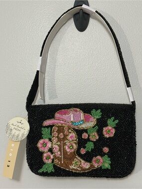 Studio 12 Hand-Beaded in India Purse. Black beads-pink Cowgirl Hat & Boot. RARE